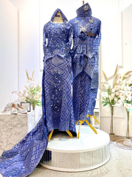 Sewa Baju Sanding Dress with Trail Songket Royal Blue PP