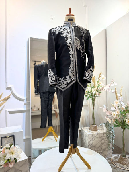 BLACK SILVER 1 Prince Suit Black Twill with Silver Embroidery Baju Pengantin Lelaki Malay Wedding Dress PP Signature