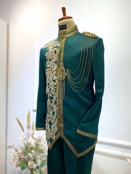 Prince Suit Emerald Green Light Brown lace - Baju Pengantin Lelaki
