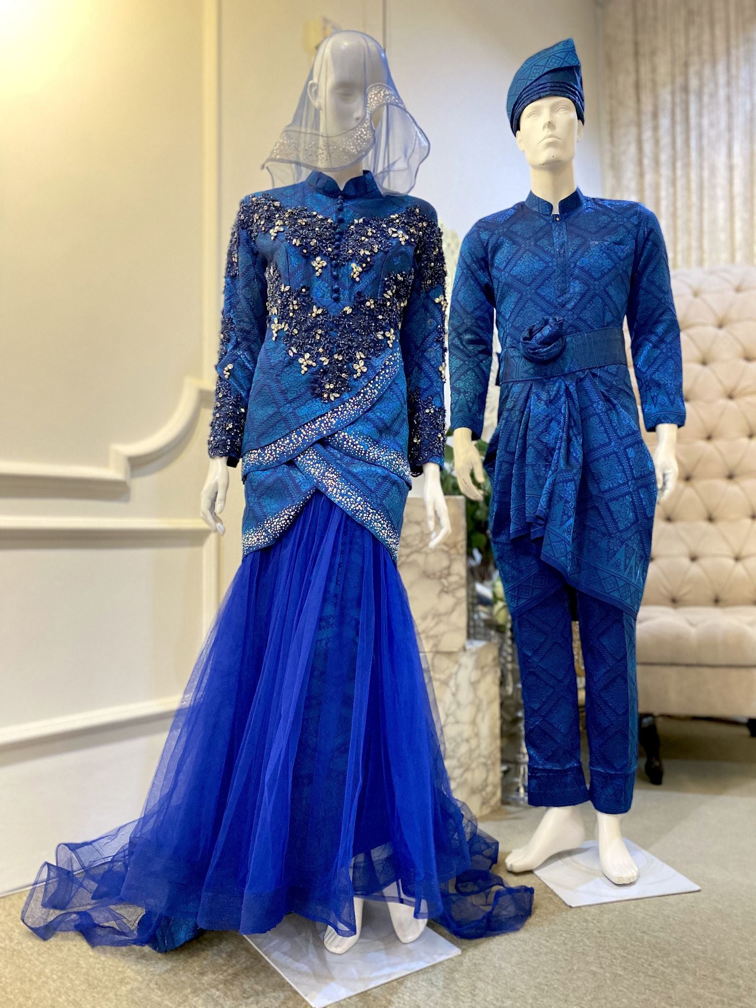 TULIP PETAL - Two-Piece Songket Wedding Dress Royal Electric Blue [FOR SALE]
