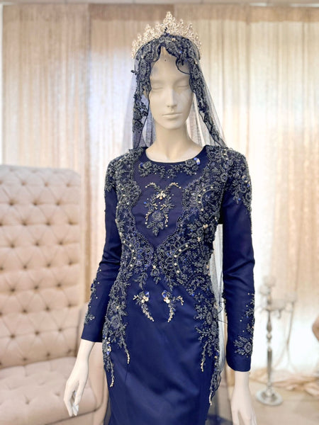navy blue dress malaysia LEESA - Baju Pengantin Navy Blue Duchess Dress with Detachable Trail
