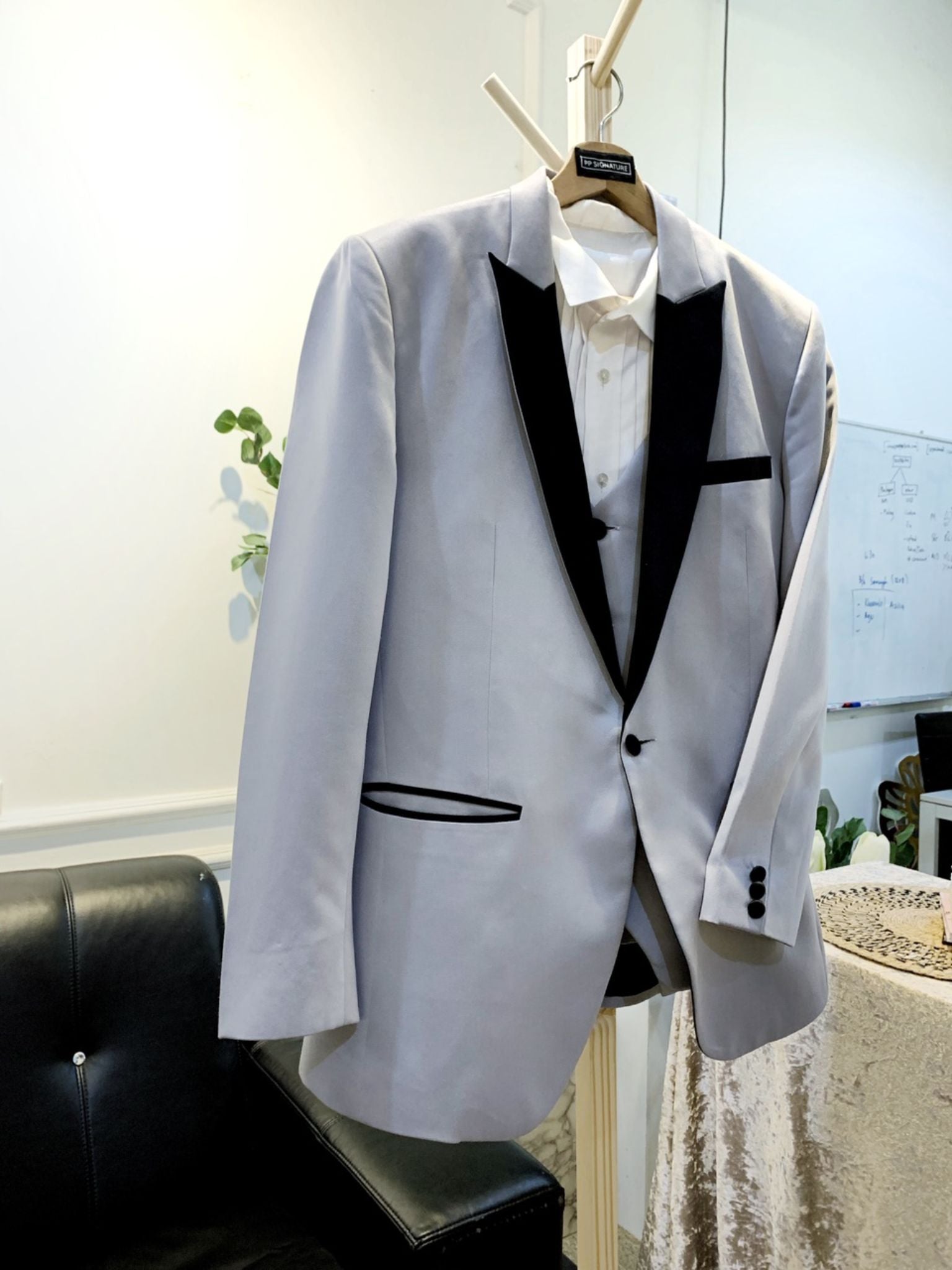 Light Grey 3 Piece Suit with Black Contrast Peak Lapel