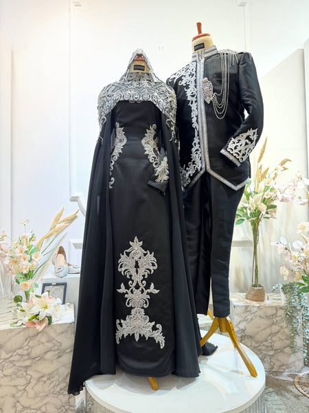 MALEFICENT - Black Duchess A-Line Wedding Dress with Detachable Cape (Baju Sanding) Bridal Rental | Malay Wedding Dress PP Signature Bridal MALEFICENT - Black Duchess A-Line Wedding Dress with Detachable Cape (Baju Sanding) Bridal Rental | Malay Wedding Dress PP Signature Bridal
