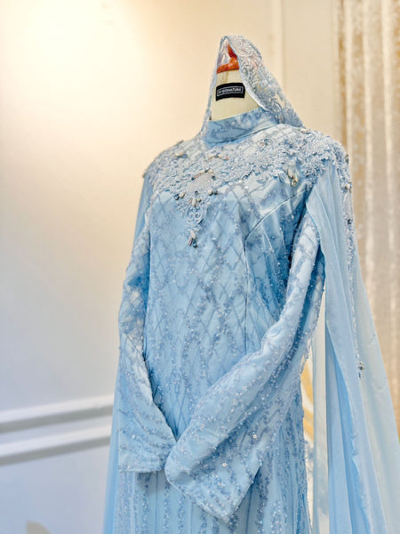blue and silver dress illusion MECCA - Baju Pengantin Baby Blue with Icy Blue Sequin Laces Loose A-cut  Dress