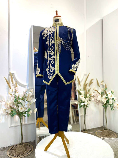 NAVY GOLD Prince Suit Navy Blue Duchess with Light Brown Lace