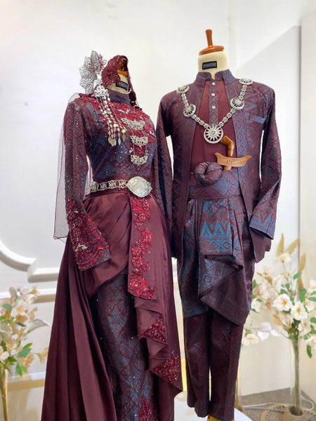 modern songket wedding dress PUTERI PERAK - Baju Pengantin Songket Maroon & Teal Blue with Trail