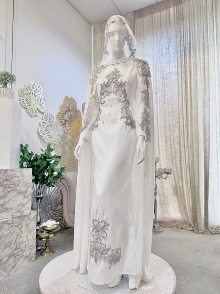 RAUDHAH Baju Nikah Off White Double Face Dress with Detachable Cape