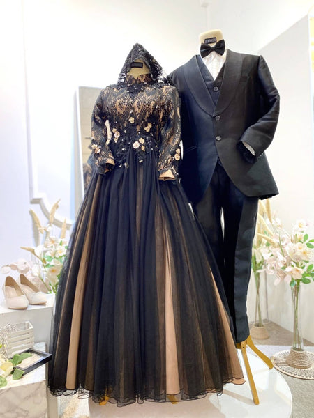VICTORIA - Black & Champagne Duchess Ballgown with Lace (Baju Sanding) | Malay Wedding Dress PP Signature Bridal VICTORIA - Black & Champagne Duchess Ballgown with Lace (Baju Sanding) | Malay Wedding Dress PP Signature Bridal
