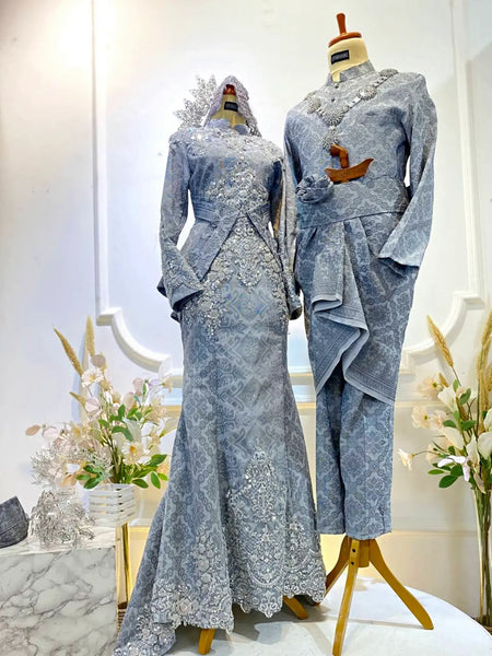 dress songket modern style Sufina Baju Sanding Songket Light Grey – Malay Wedding Dress Rental – PP  Signature Bridal