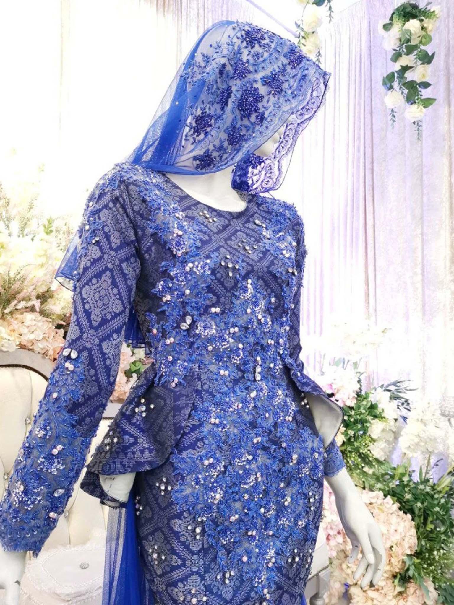 Baju Sanding-Dress with Trail Songket Royal Blue-BILLIY-Butik Pengantin PP Signature