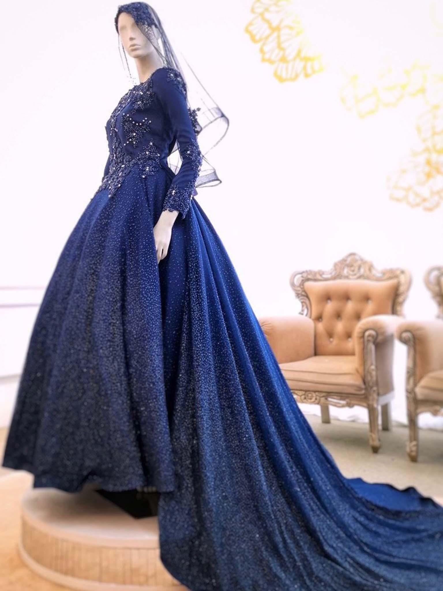 Baju Sanding-Ballgown Duchess with Glitter lace, Navy Blue-BRITTANY-Butik Pengantin PP Signature