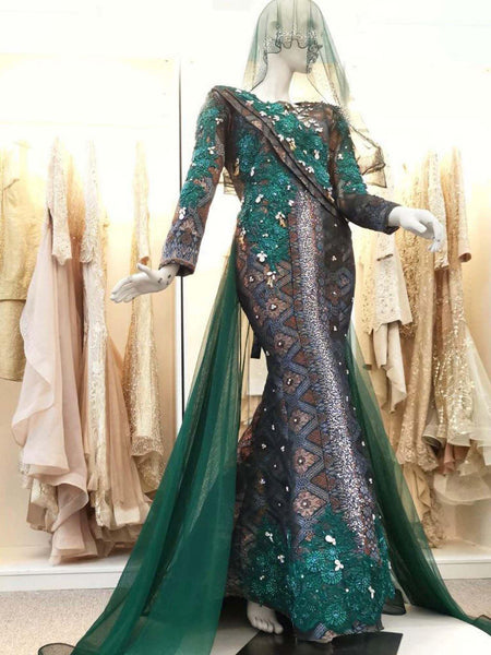 Baju Pengantin - Dress with Long Cape, Songket White & Light Champagne | PP Signature PP Signature Bridal Baju Pengantin - Dress with Long Cape, Songket White & Light Champagne | PP Signature PP Signature Bridal