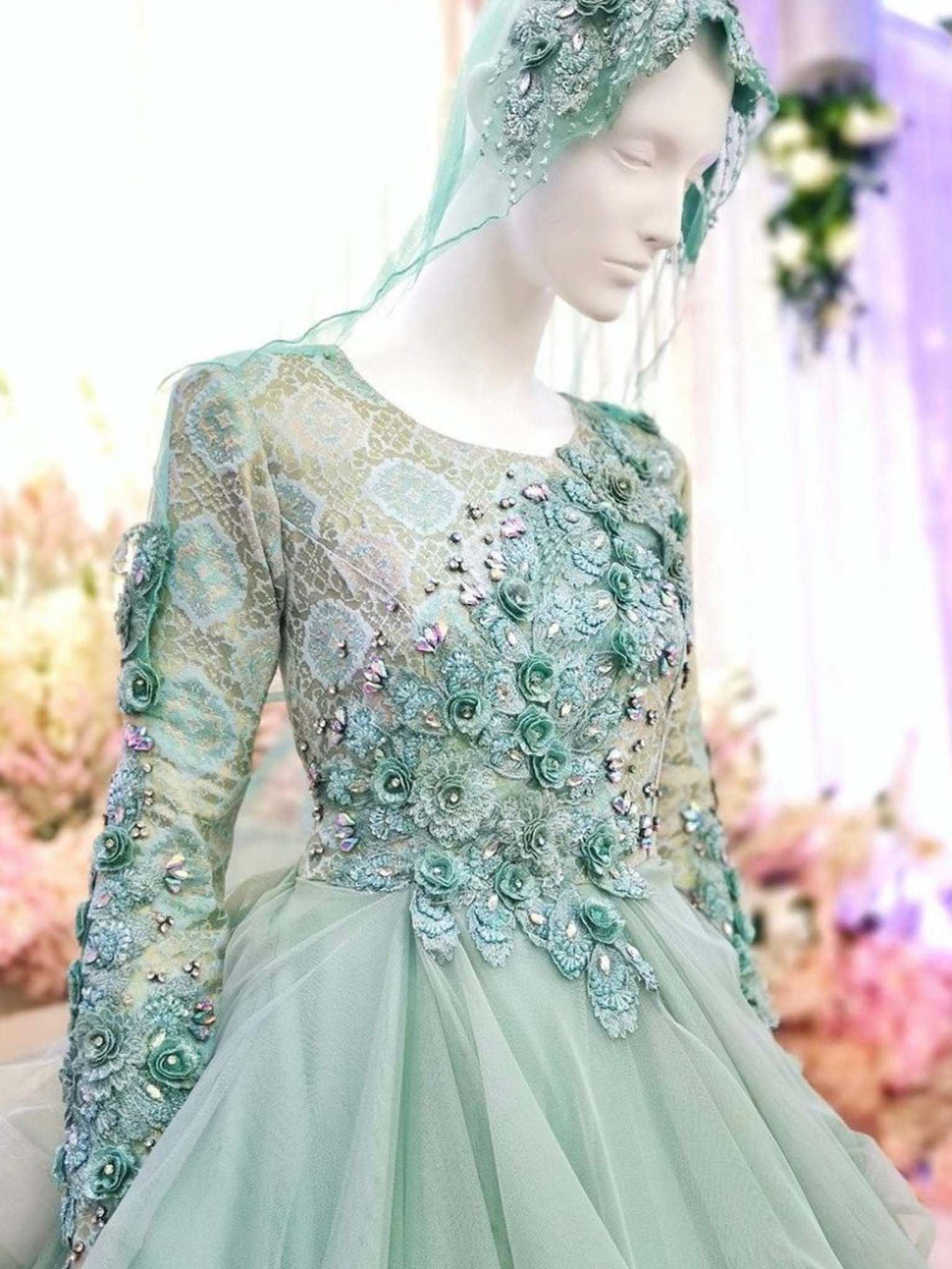 MARCELLA - Ballgown Songket Wedding Dress, Mint Green and Light Gold from PP Signature Bridal Boutique-Tempah Baju Pengantin Online