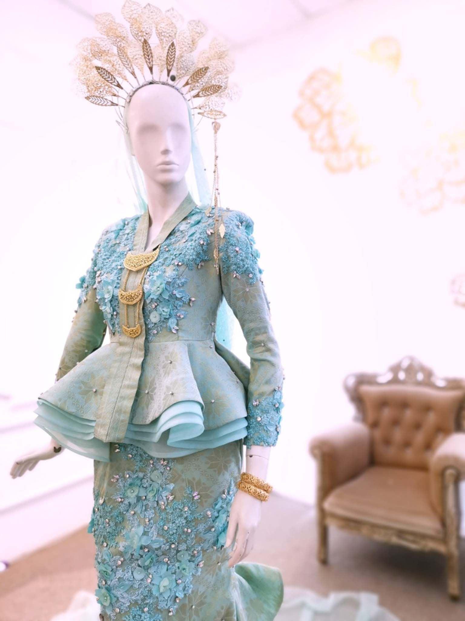 MARISSA - Breathtaking Two-Piece Peplum Songket Wedding Dress, Mint Green and Light Gold from PP Signature Bridal Boutique-Tempah Baju Pengantin Online