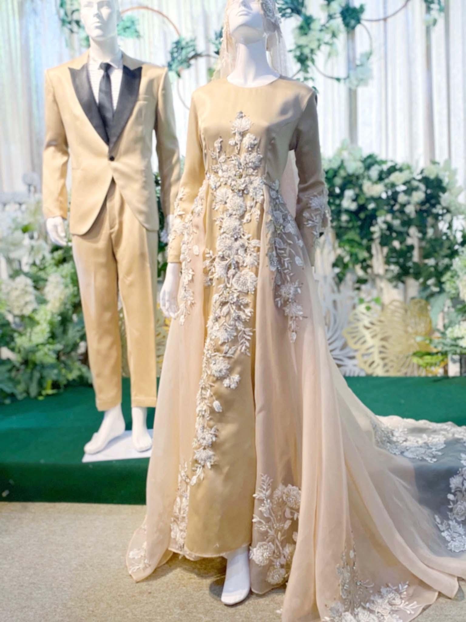 Sewa Baju Pengantin Muslimah Dress with Trail, Duchess Dusty Champagne by PP Signature Bridal Boutique-Malay Wedding Dress