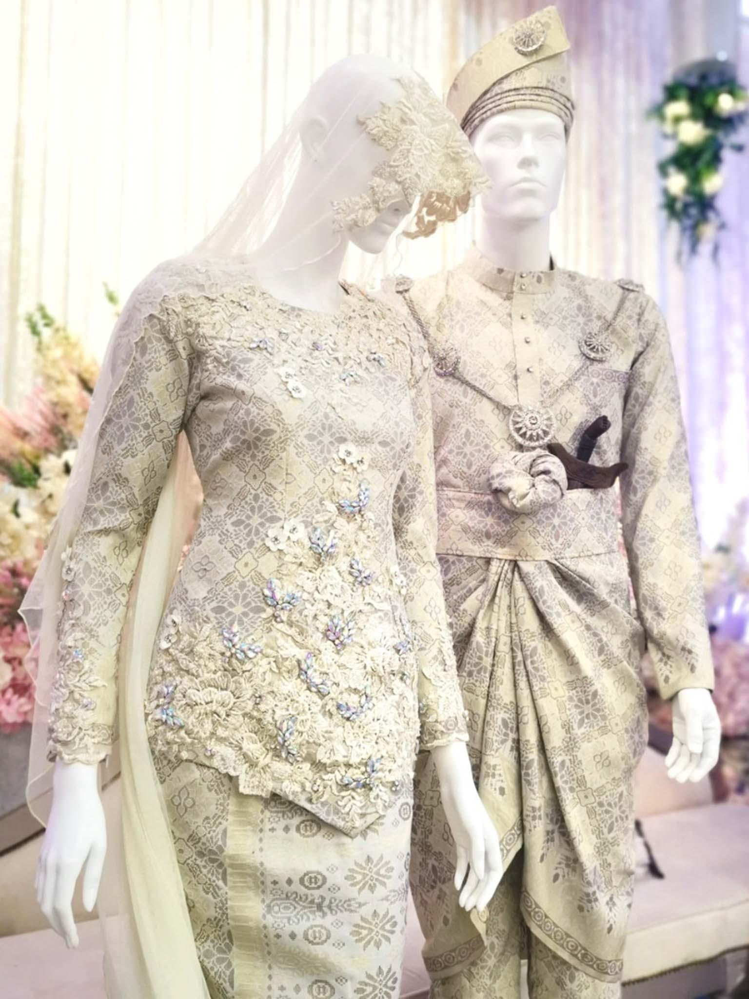 Sewa Baju Pengantin Muslimah Two Piece V Dress, Songket Light Brown by PP Signature Bridal Boutique-Malay Wedding Dress