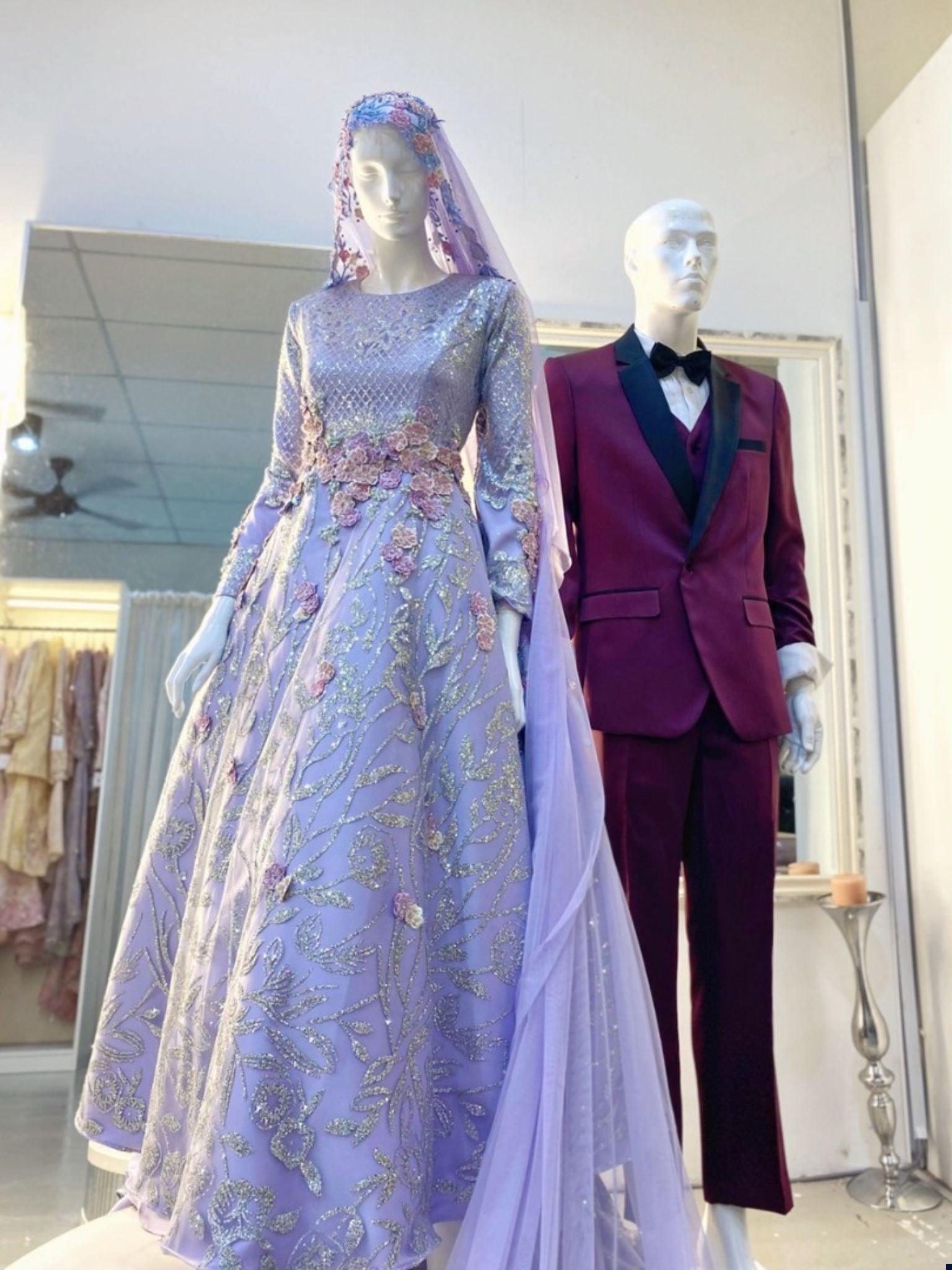 You'll love The PERIWINKLE Purple Silver Duchess with Glitter Lace Ball Gown Wedding Dress from PP Signature Bridal. Rent online or book an appointment today!
