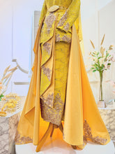 Make your wedding dreams a reality with PP Signature's TUN RAHAH - Baju Pengantin Yellow Champagne Songket Two-Piece Dress with Pants/Skirt and Detachable Trail Malay wedding dress rental.
