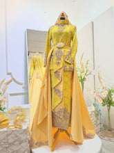 Make your wedding dreams a reality with PP Signature's TUN RAHAH - Baju Pengantin Yellow Champagne Songket Two-Piece Dress with Pants/Skirt and Detachable Trail Malay wedding dress rental.