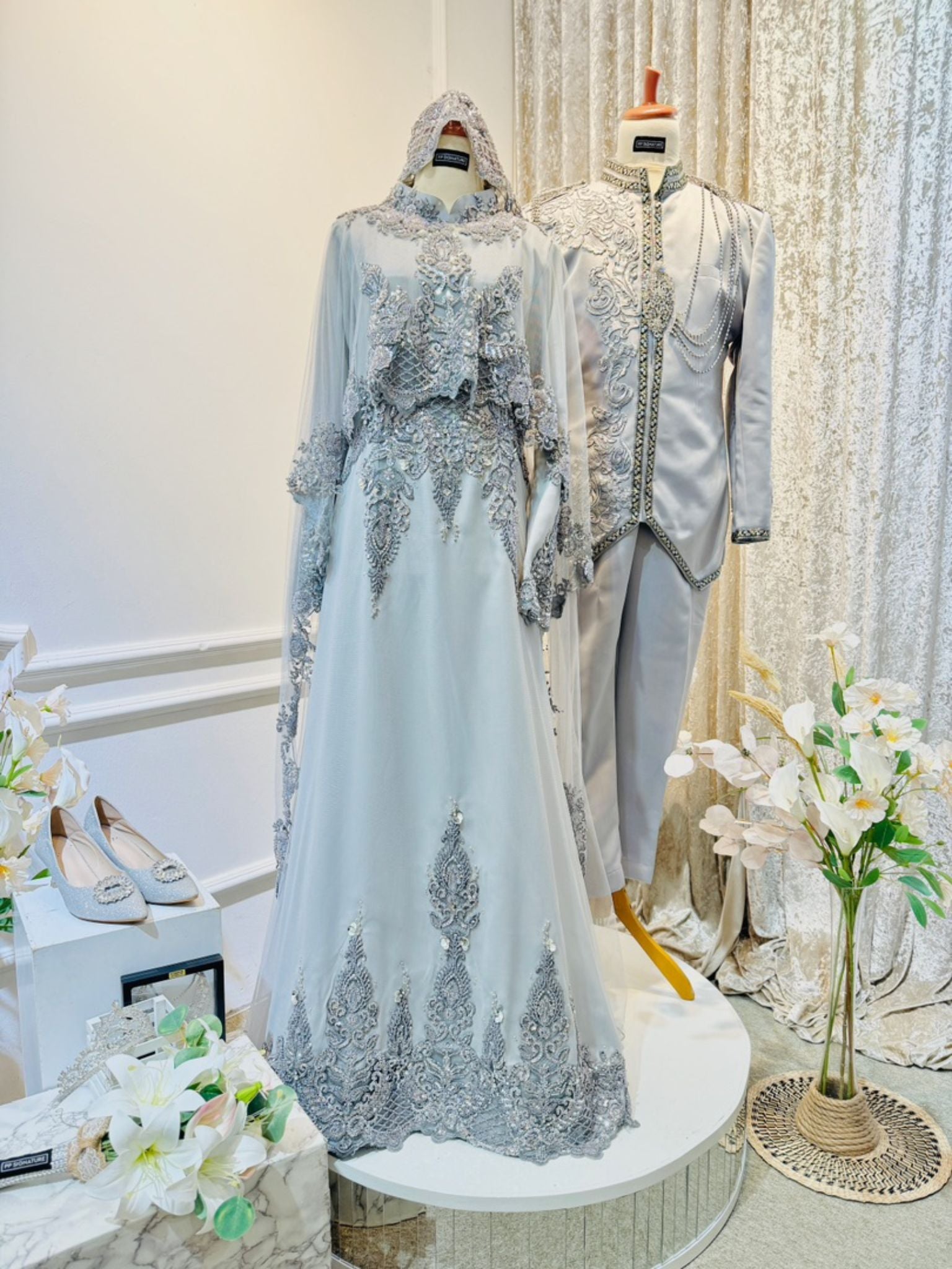 ADAWIYAH - Baju Pengantin Grey Silver Duchess Loose Dress with Detachable Cape