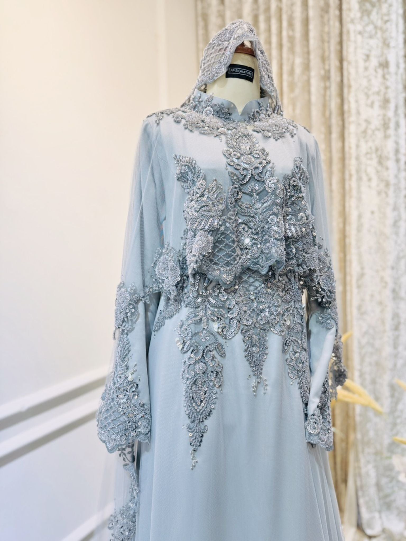 ADAWIYAH - Baju Pengantin Grey Silver Duchess Loose Dress with Detachable Cape