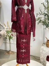Baju Sanding Songket Maroon-Traditional Malay Wedding Attire-Kebaya Wedding Dress with Accessories-Kot Raihan Groom Suit in Burgundy-Classic Malay Bridal Wear