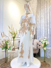 Baju nikah jubah moden off white champagne dengan detachable cape material chiffon lembut untuk busana pengantin perempuan akad nikah saiz XL
