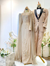 AULIYA-Brown Champagne-Satin Wedding Dress with Cape-baju sanding tradisional-baju sanding moden-baju sanding muslimah-baju pengantin tradisional-baju pengantin moden-baju pengantin muslimah-sewa baju sanding-sewa baju pengantin-butik baju sanding-butik baju pengantin