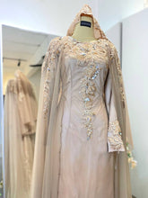 AULIYA-Brown Champagne-Satin Wedding Dress with Cape-baju sanding tradisional-baju sanding moden-baju sanding muslimah-baju pengantin tradisional-baju pengantin moden-baju pengantin muslimah-sewa baju sanding-sewa baju pengantin-butik baju sanding-butik baju pengantin