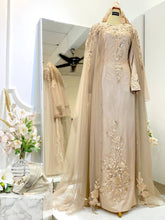 AULIYA-Brown Champagne-Satin Wedding Dress with Cape-baju sanding tradisional-baju sanding moden-baju sanding muslimah-baju pengantin tradisional-baju pengantin moden-baju pengantin muslimah-sewa baju sanding-sewa baju pengantin-butik baju sanding-butik baju pengantin