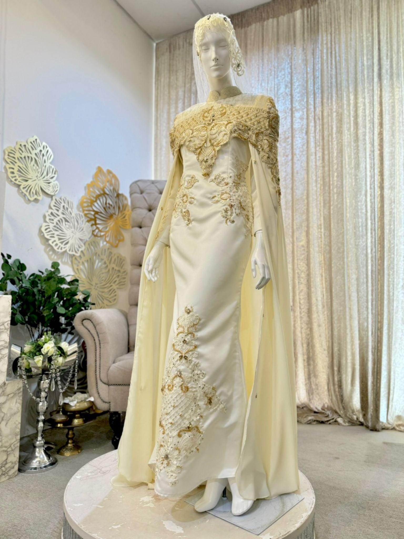 AURORA Essential Duchess Creamy Gold Bridal Ensemble: Bride's dress with detachable cape, Groom's Kot Raihan 3pcs. Timeless elegance.