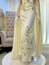 AURORA Essential Duchess Creamy Gold Bridal Ensemble: Bride's dress with detachable cape, Groom's Kot Raihan 3pcs. Timeless elegance.