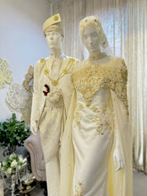 AURORA Essential Duchess Creamy Gold Bridal Ensemble: Bride's dress with detachable cape, Groom's Kot Raihan 3pcs. Timeless elegance.