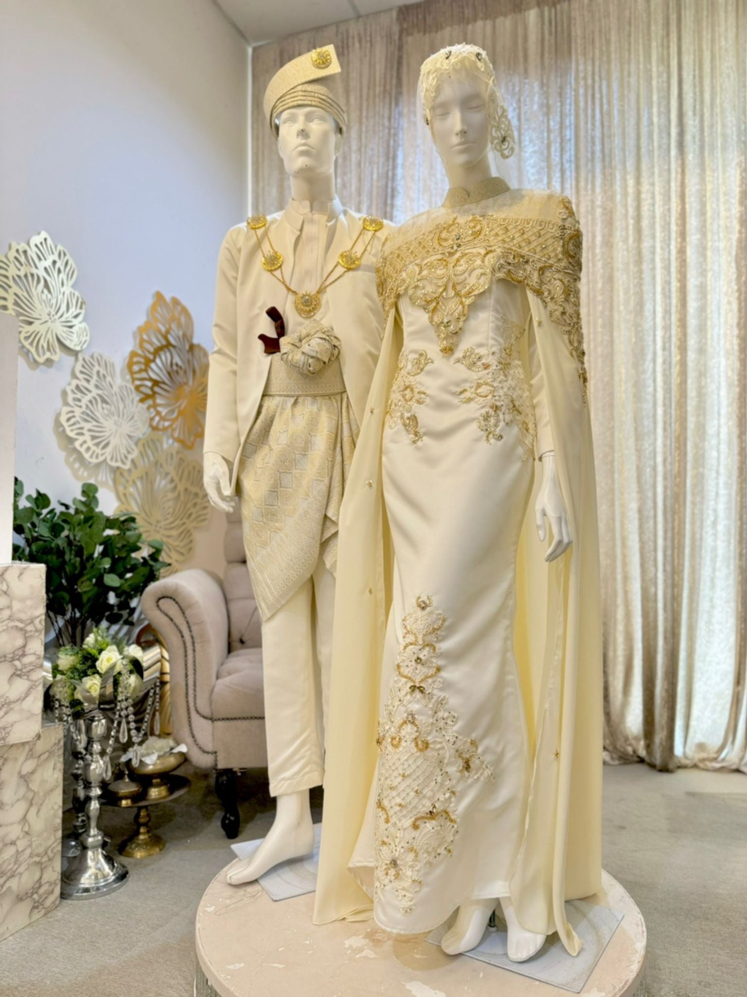 AURORA Essential Duchess Creamy Gold Bridal Ensemble: Bride's dress with detachable cape, Groom's Kot Raihan 3pcs. Timeless elegance.