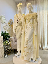 AURORA Essential Duchess Creamy Gold Bridal Ensemble: Bride's dress with detachable cape, Groom's Kot Raihan 3pcs. Timeless elegance.