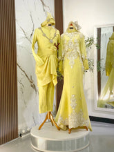 BAHEERA set baju sanding light yellow silver songket 2D dengan dress cape labuh dan kot raihan untuk majlis perkahwinan tradisional melayu