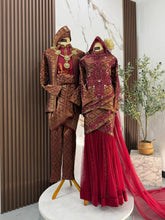 Couple Shot 1 (Wide View):BELVINA set baju sanding maroon gold songket 2D dengan tulip dress dan kot raihan untuk majlis perkahwinan tradisional melayu
