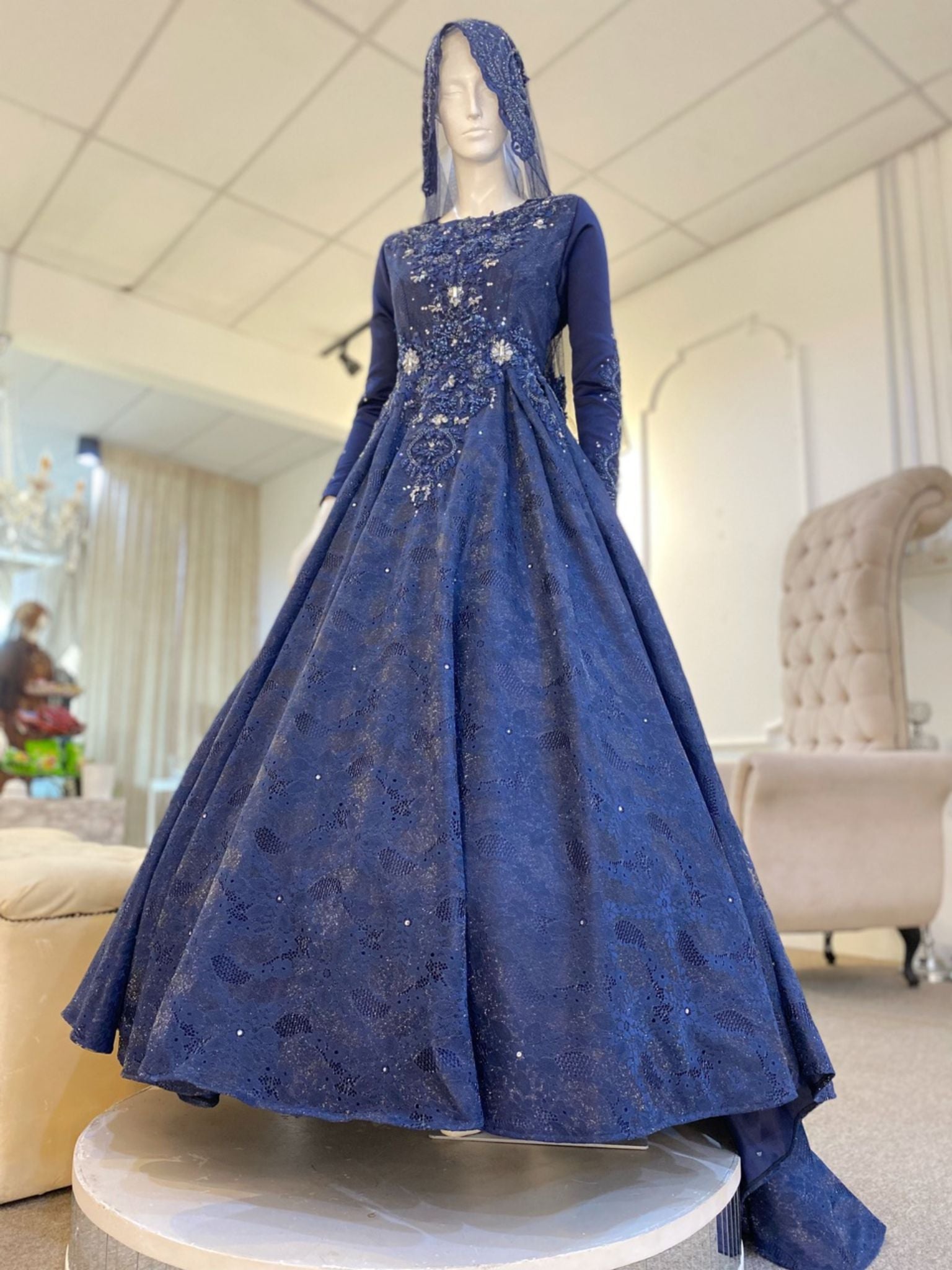Baju Pengantin Navy Blue Duchess Ballgown with Petticoat & French Lace-baju sanding-baju kahwin