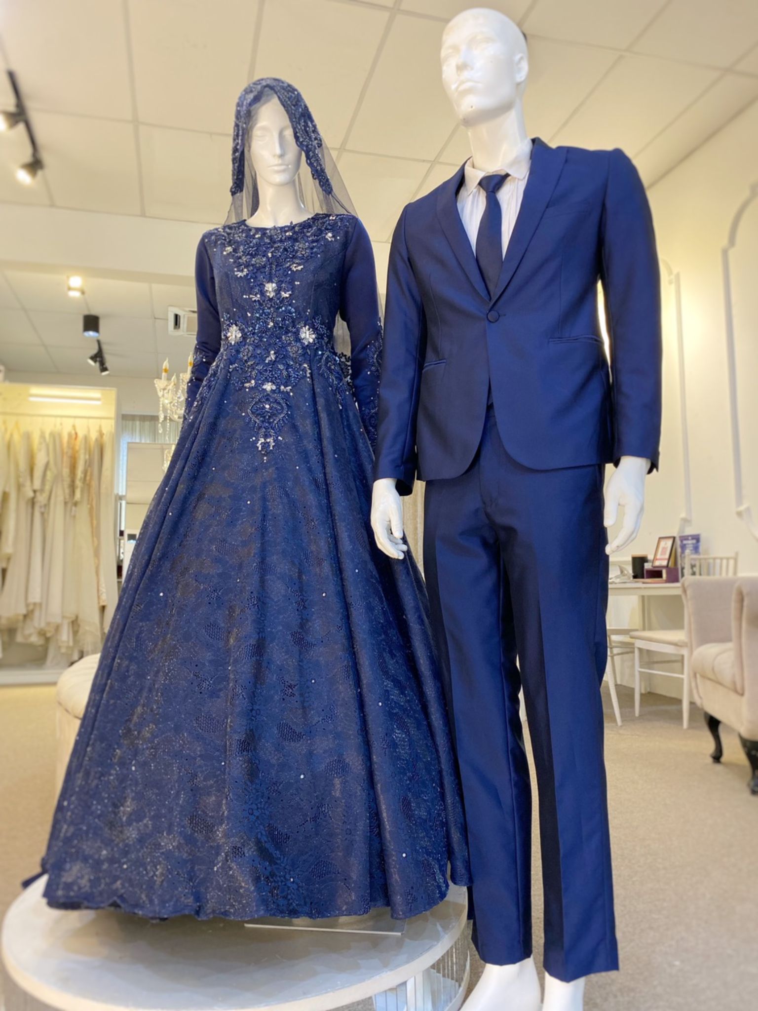Baju Pengantin Navy Blue Duchess Ballgown with Petticoat & French Lace-baju sanding-baju kahwin