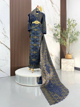 Baju nikah sanding perempuan dress keradung sari navy blue gold songket 3D saiz XL original design by PP Signature Kajang condition 8/10