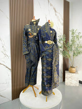 BIDASARI set baju nikah sanding navy blue gold songket 3D dengan keradung sari dan suit kot raihan untuk majlis perkahwinan tradisional
