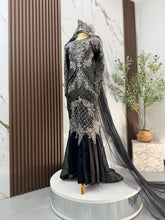 BRIANNA bride upper body close-up Songket 3D patterns black silver grey fabric