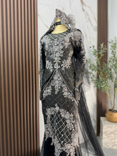 BRIANNA bride upper body close-up Songket 3D patterns black silver grey fabric