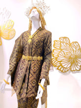 Embrace the elegance of traditional Malay bridal attire with this exquisite Baju Sanding set, featuring a rich Dark Coco Brown Songket kebaya and a complementary Kot Raihan.