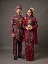 Real bride and groom wearing CHE RAH maroon purple songket 3D kebaya set for Malay wedding