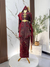 Bride wearing maroon purple songket 3D kebaya with embroidered selempang PP Signature Kajang