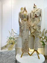 Kebaya Moden Songket L&P untuk Majlis Sanding-Songket 2D light gold untuk pengantin-Kot Raihan lelaki warna light brown