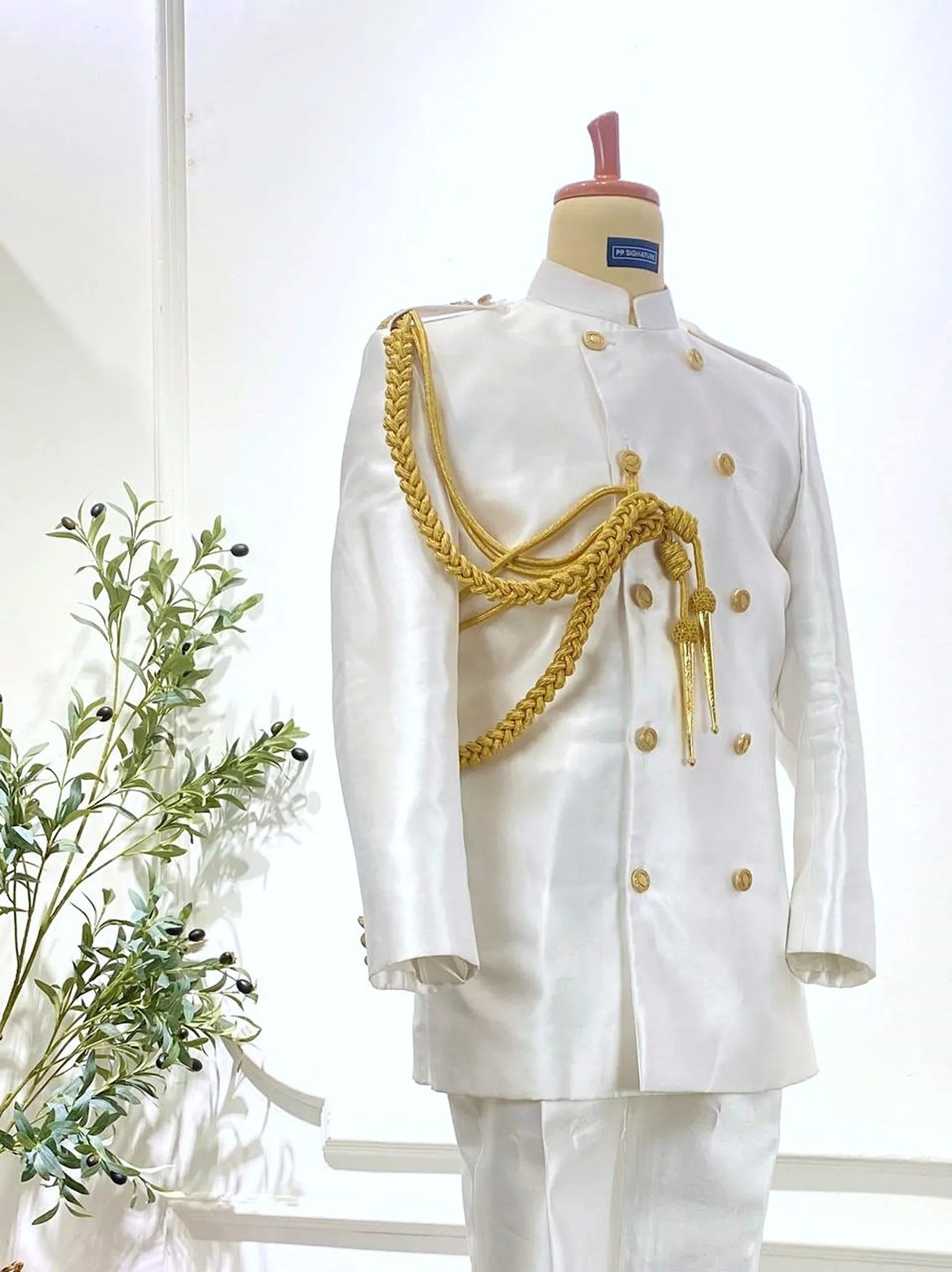 Close-up of Captain Suit top half with gold detailing on Twill fabric