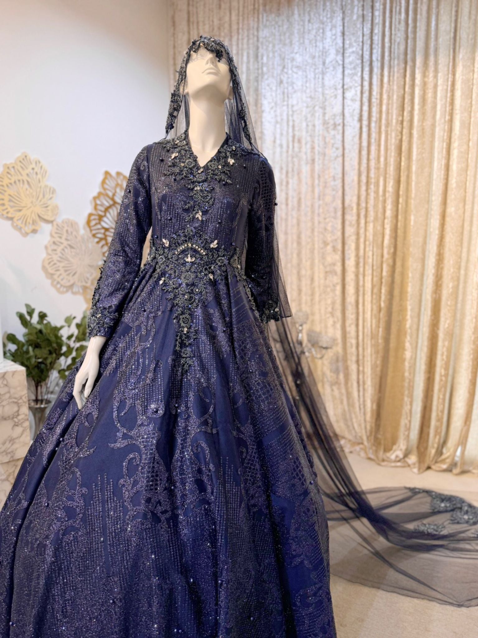 DRIZELA - Baju Pengantin Navy Blue Duchess Ballgown with Petticoat & Glitter Lace-Baju Sanding-Kot Raihan-Prince Suit-Tomaz suit