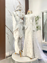 ELMINA set baju sanding off white light silver songket 2D dengan dress cape labuh dan kot raihan untuk majlis perkahwinan tradisional melayu